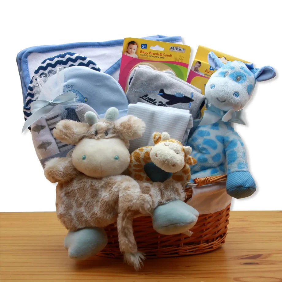 Blue giraffe baby bath set